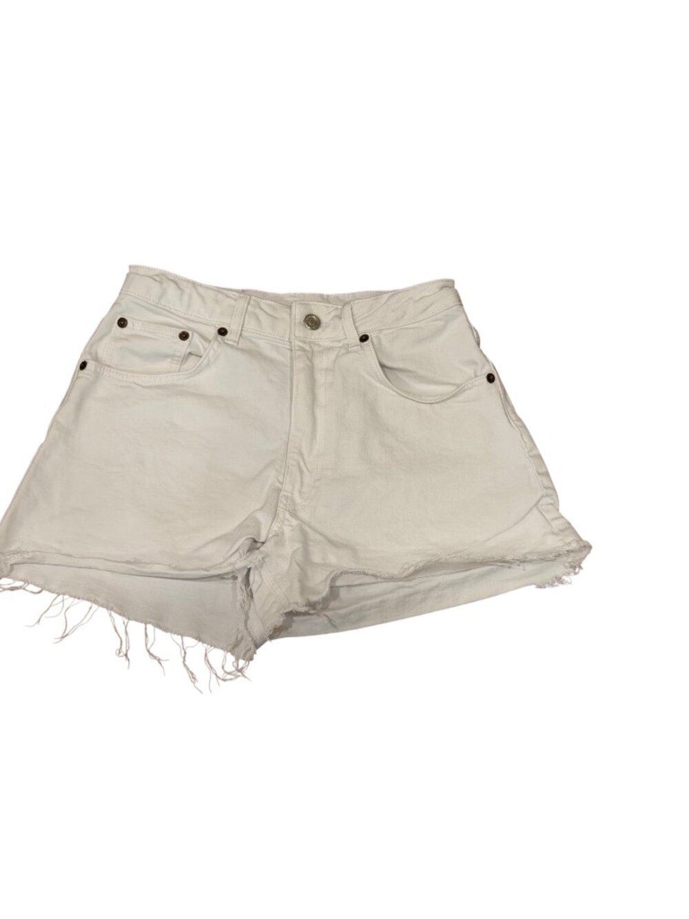 Topshop White Denim Shorts US 6 High Rise Distressed Raw Hem Stretch